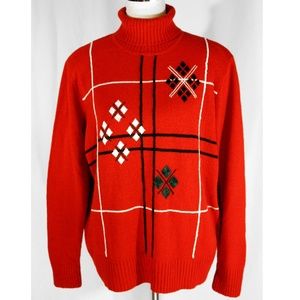 Vintage Tanjay Diamond Plaid Argyle Embroidered Turtleneck Sweater Red 1980s Lg
